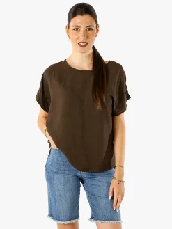 Solada Blusa donna in viscosa a maniche corte con bottoni decorati sul retro - moro