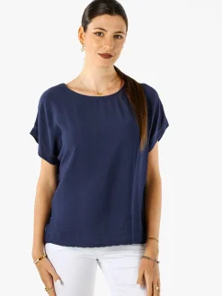 Solada Blusa donna in viscosa a maniche corte con bottoni decorati sul retro - blu scuro