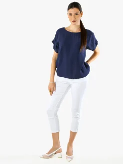 Solada Blusa donna in viscosa a maniche corte con bottoni decorati sul retro - blu scuro