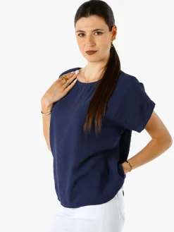 Solada Blusa donna in viscosa a maniche corte con bottoni decorati sul retro - blu scuro