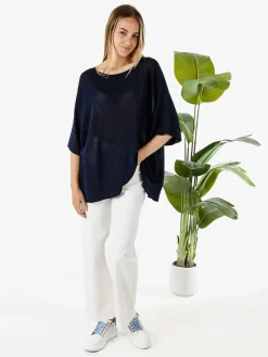 Solada Blusa donna in viscosa con maniche corte a pipistrello - blu scuro