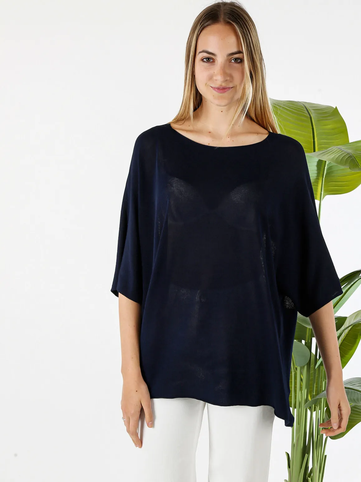 Solada Blusa donna in viscosa con maniche corte a pipistrello - blu scuro