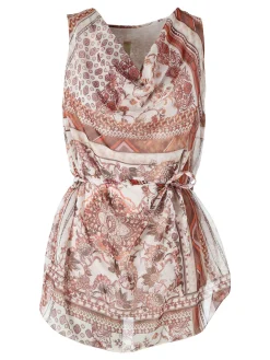 Solada Blusa donna smanicata con scollo a cascata e stampe - beige