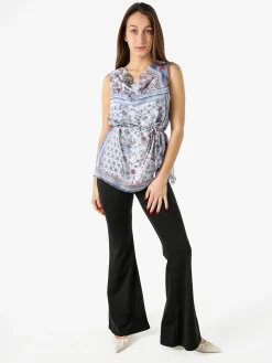 Solada Blusa donna smanicata con scollo a cascata e stampe - azzurro
