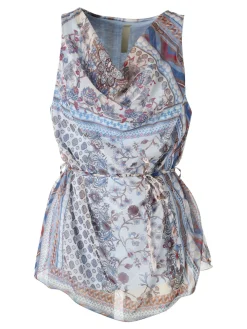 Solada Blusa donna smanicata con scollo a cascata e stampe - azzurro