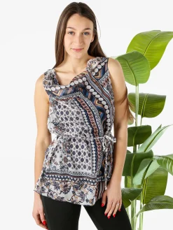 Solada Blusa donna smanicata con scollo a cascata e stampe - blu scuro