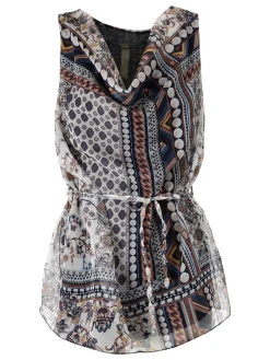 Solada Blusa donna smanicata con scollo a cascata e stampe - blu scuro