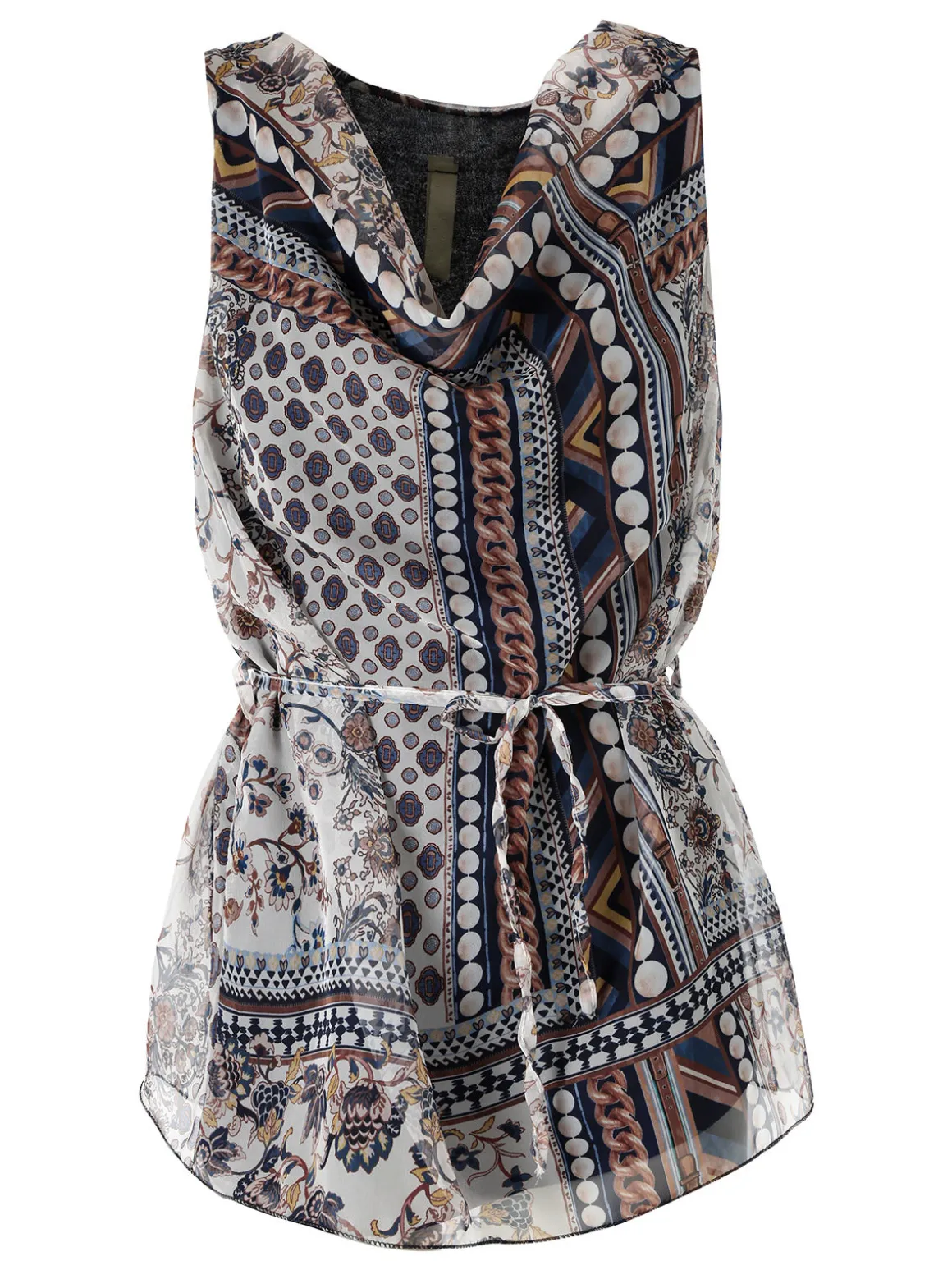 Solada Blusa donna smanicata con scollo a cascata e stampe - blu scuro
