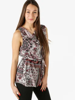 Solada Blusa donna smanicata con scollo a cascata e stampe - nero