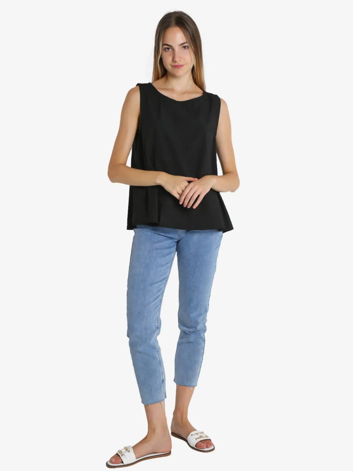 Solada Blusa donna smanicata in cotone con bottoni sulla schiena