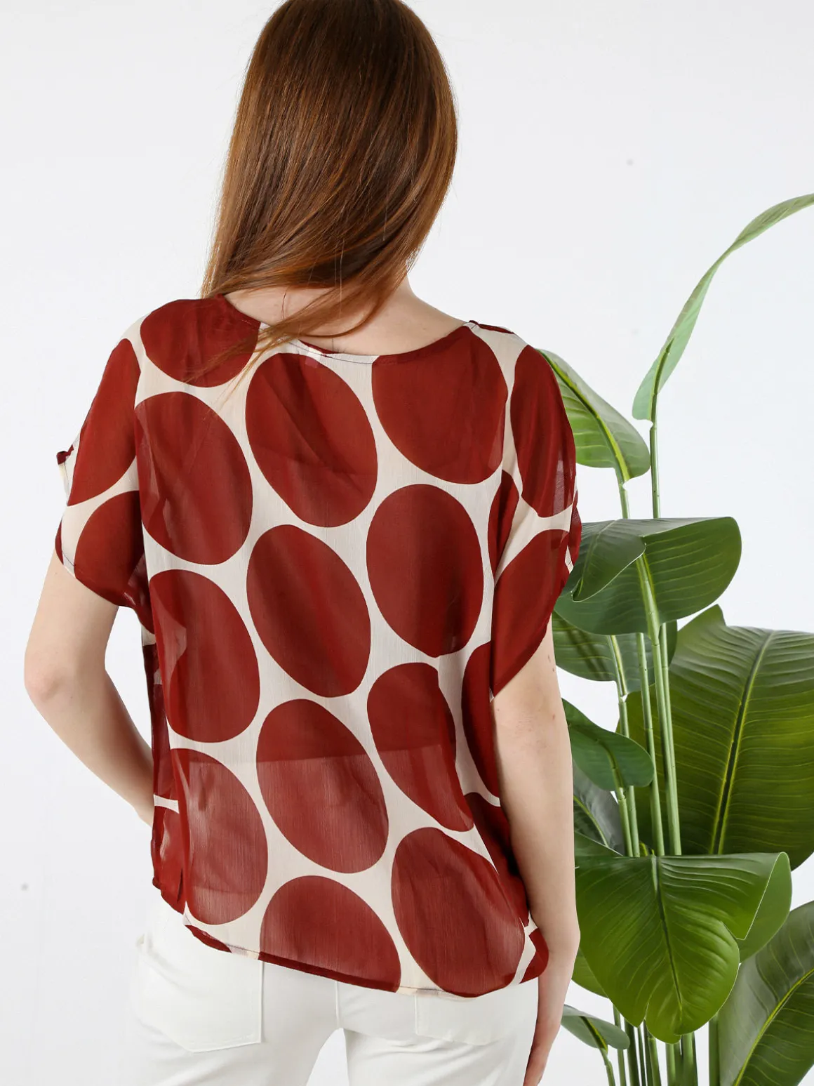 Solada Blusa donna velata senza maniche con stampa a cerchi - cuoio