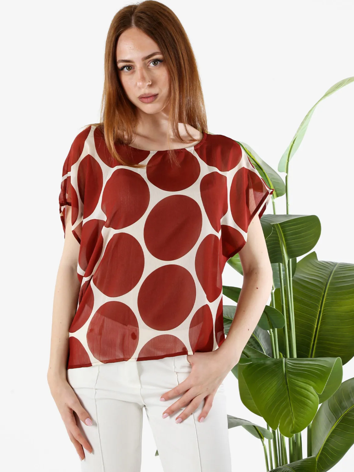 Solada Blusa donna velata senza maniche con stampa a cerchi - cuoio
