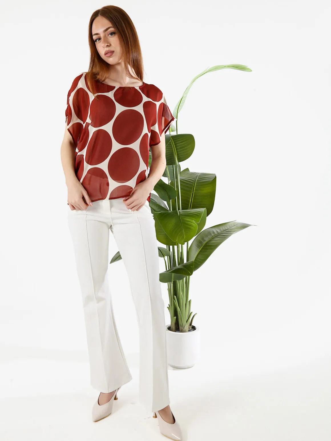 Solada Blusa donna velata senza maniche con stampa a cerchi - cuoio