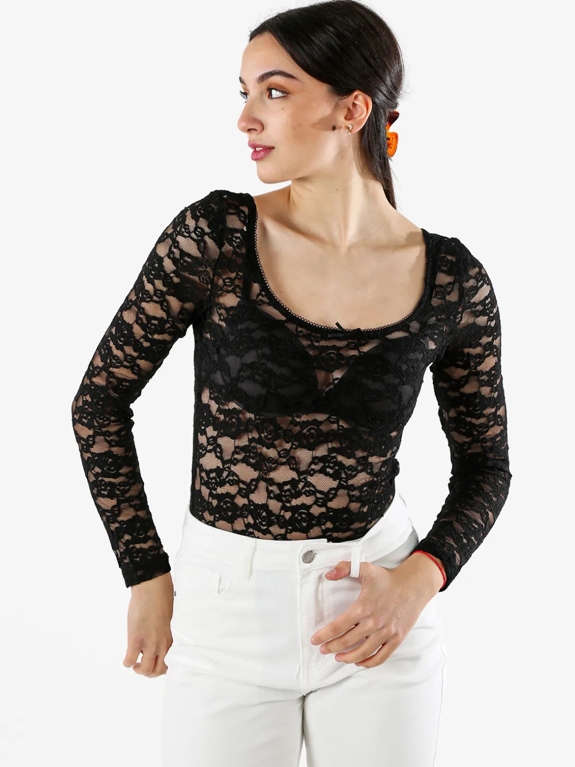 Solada Body donna elegante in pizzo a maniche lunghe - nero