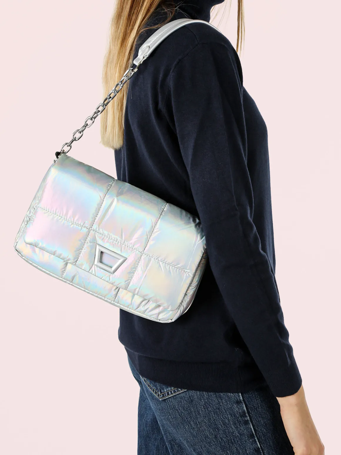 Solada Borsa donna puffer trapuntata con manico a catena - argento