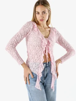 Solada Camicetta donna in pizzo con laccetti a maniche lunghe - rosa