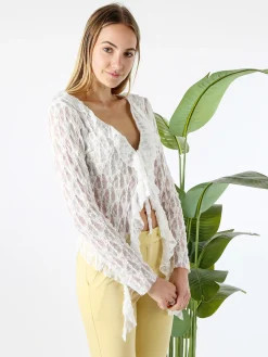 Solada Camicetta donna in pizzo con laccetti a maniche lunghe - bianco