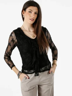 Solada Camicetta in pizzo da donna con scollo V - nero