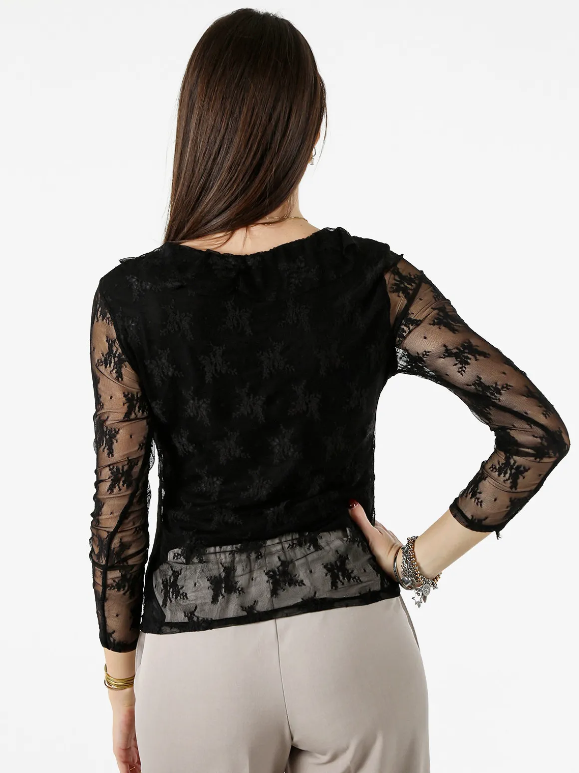 Solada Camicetta in pizzo da donna con scollo V - nero