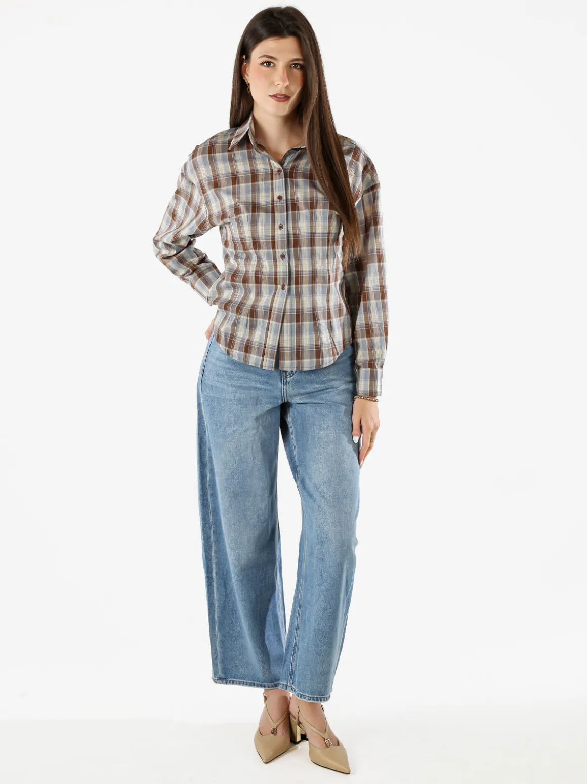 Solada Camicia a quadri da donna a maniche lunghe - marrone