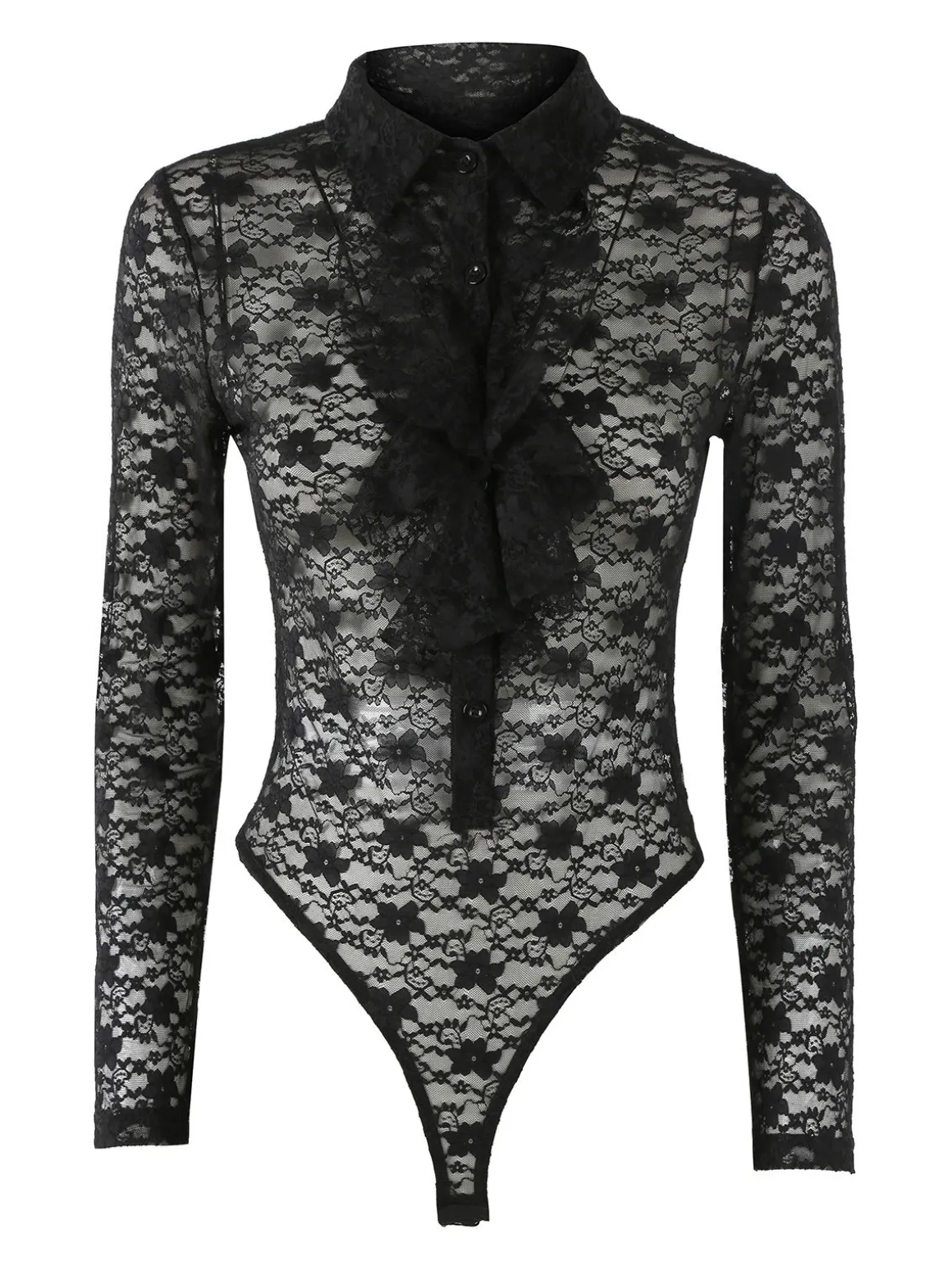 Solada Camicia body da donna in pizzo a maniche lunghe con rouches - nero