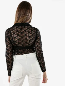 Solada Camicia body da donna in pizzo a maniche lunghe con rouches - nero