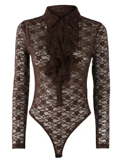 Solada Camicia body da donna in pizzo a maniche lunghe con rouches - moro