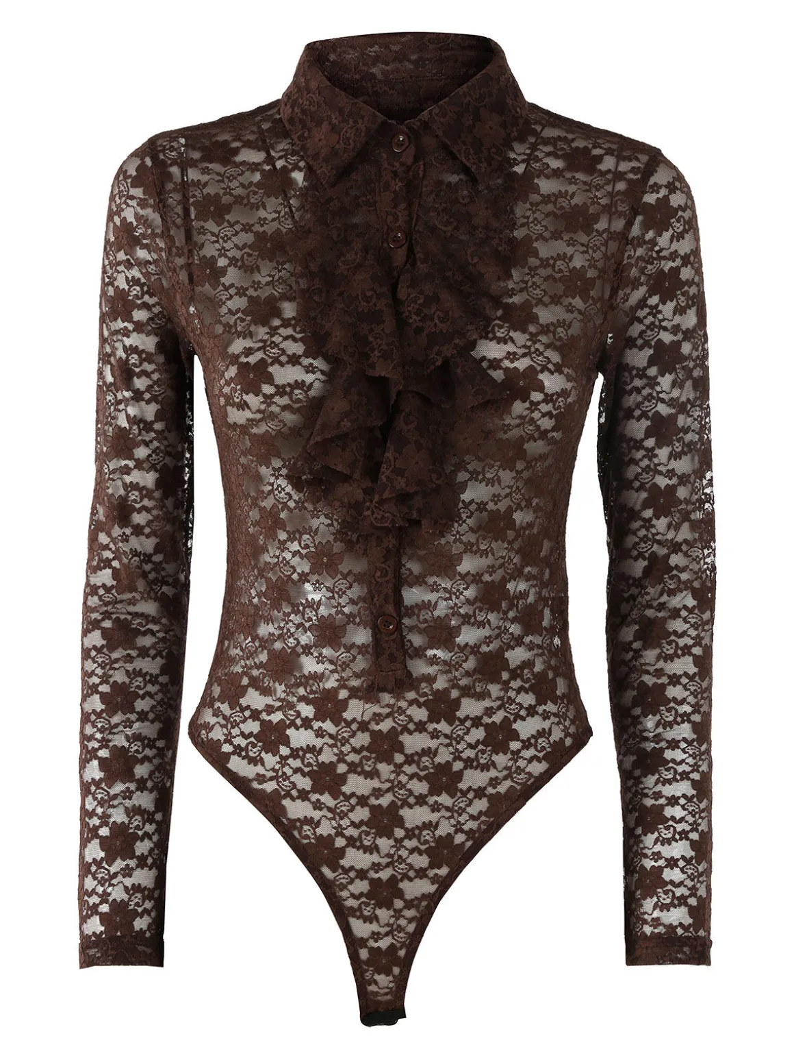 Solada Camicia body da donna in pizzo a maniche lunghe con rouches - moro