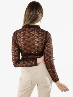 Solada Camicia body da donna in pizzo a maniche lunghe con rouches - moro