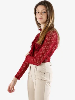 Solada Camicia body da donna in pizzo a maniche lunghe con rouches - bordeaux