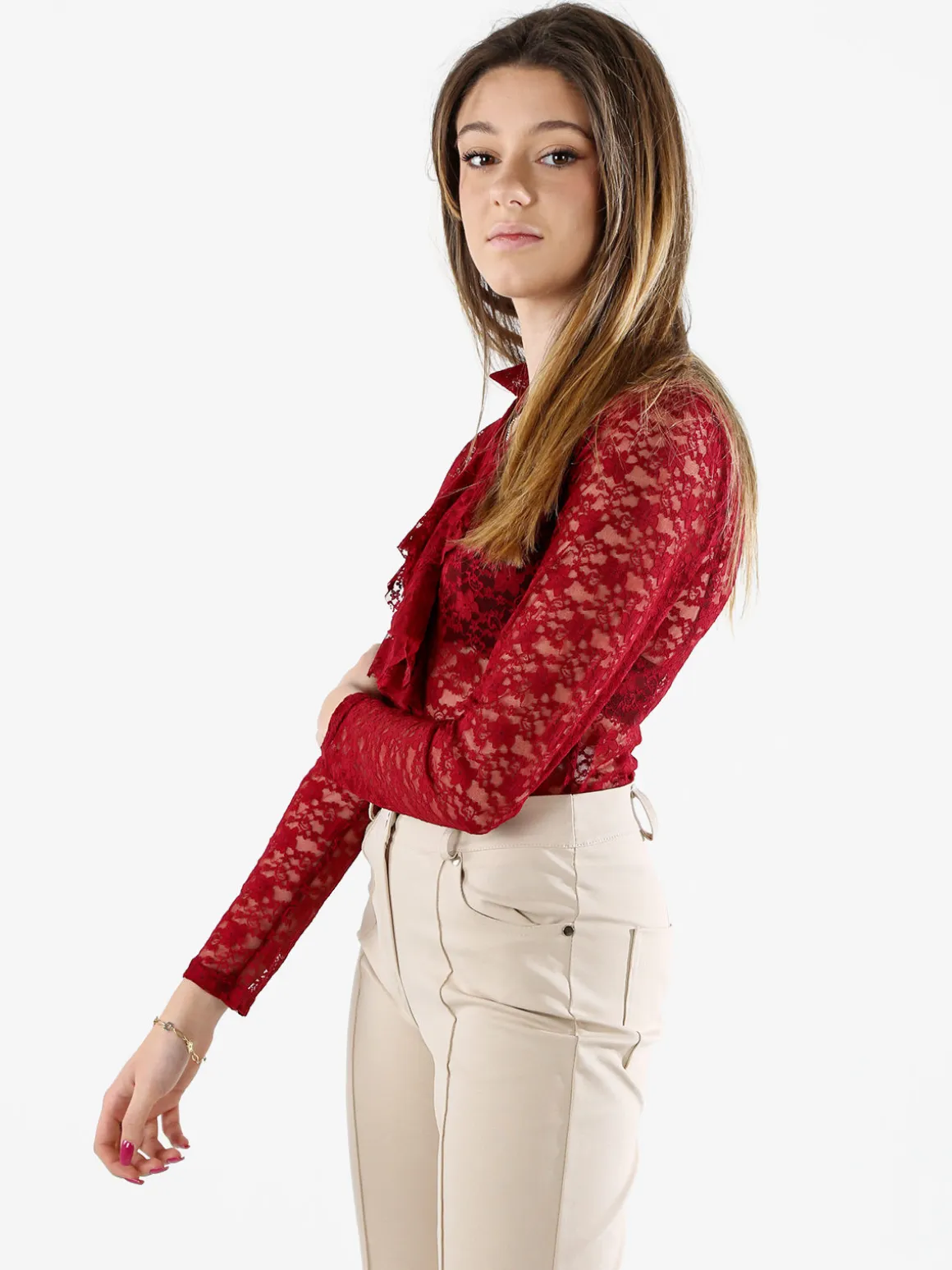 Solada Camicia body da donna in pizzo a maniche lunghe con rouches - bordeaux