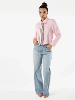 Solada Camicia crop da donna a maniche lunghe con cravattino a foulard - rosa
