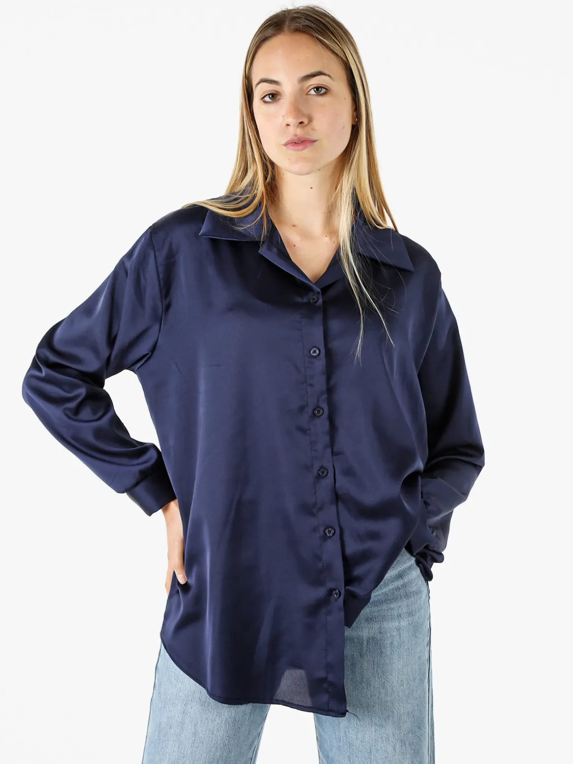 Solada Camicia da donna a maniche lunghe in tessuto simil raso - blu scuro