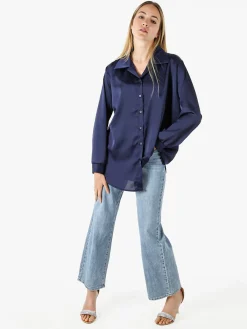 Solada Camicia da donna a maniche lunghe in tessuto simil raso - blu scuro