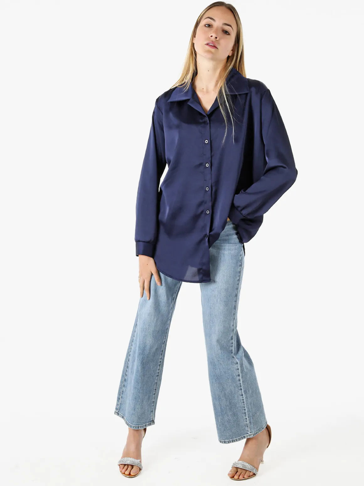 Solada Camicia da donna a maniche lunghe in tessuto simil raso - blu scuro