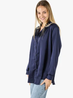 Solada Camicia da donna a maniche lunghe in tessuto simil raso - blu scuro