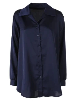 Solada Camicia da donna a maniche lunghe in tessuto simil raso - blu scuro