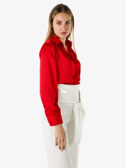 Solada Camicia da donna a maniche lunghe effetto raso - rosso