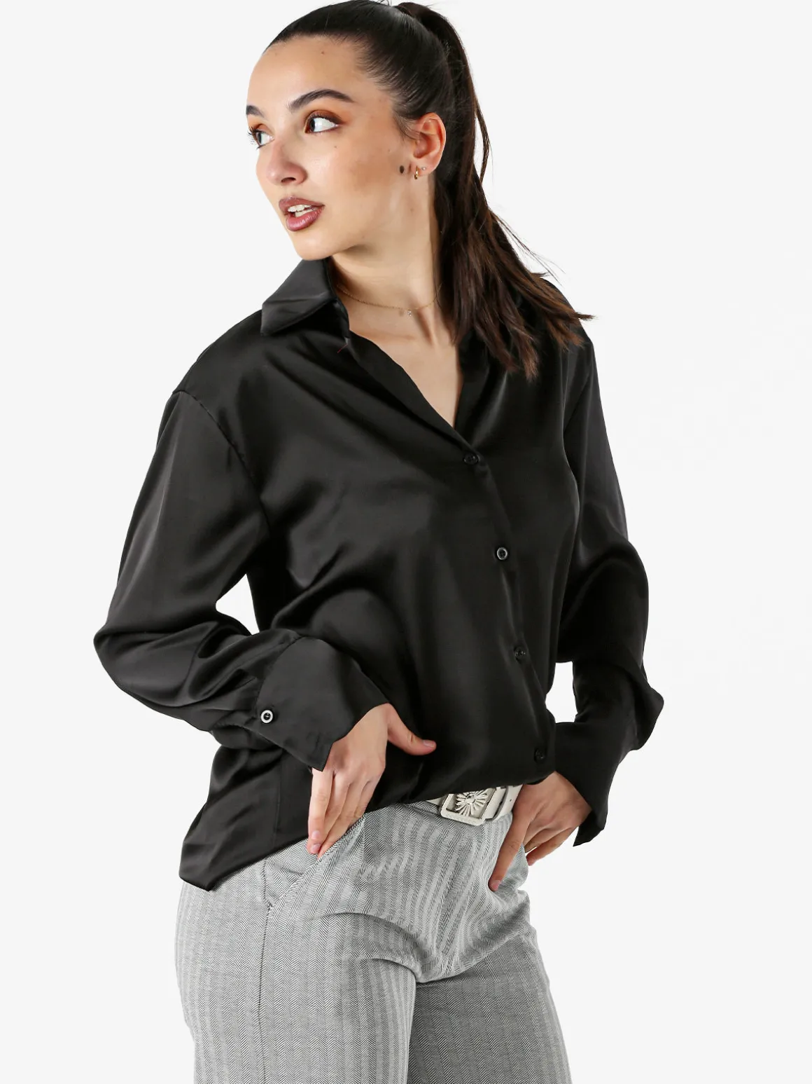 Solada Camicia da donna effetto raso a maniche lunghe - nero