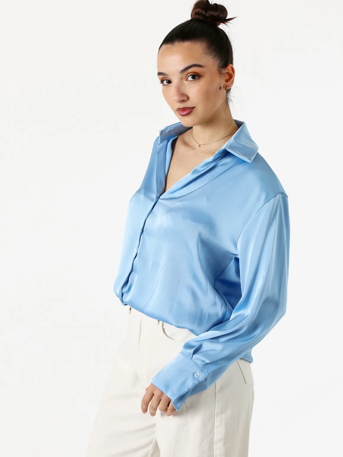 Solada Camicia da donna effetto raso a maniche lunghe - azzurro