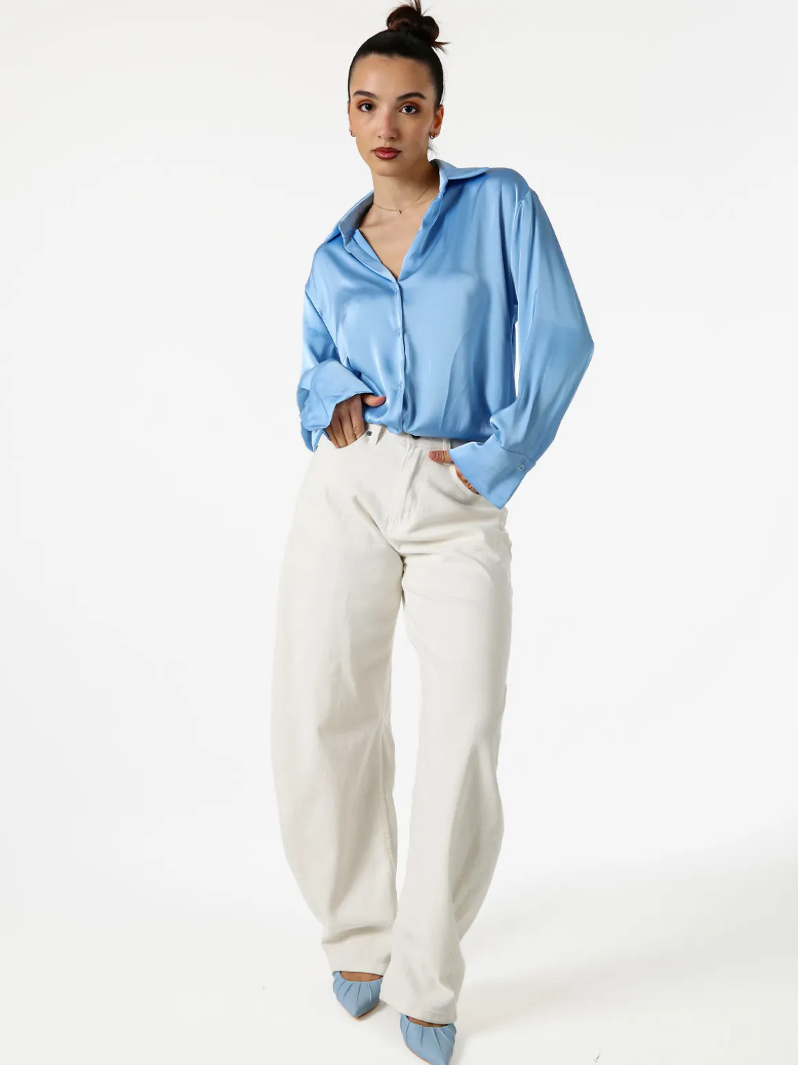 Solada Camicia da donna effetto raso a maniche lunghe - azzurro