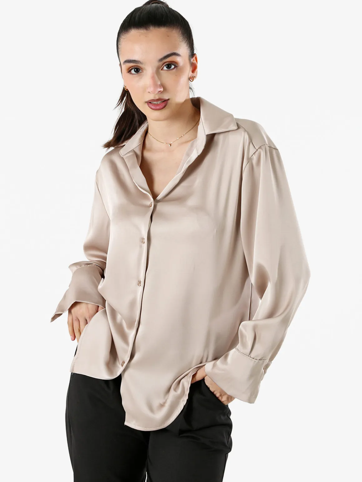 Solada Camicia da donna effetto raso a maniche lunghe - khaki