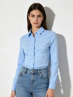Solada Camicia da donna elasticizzata a maniche lunghe - azzurro