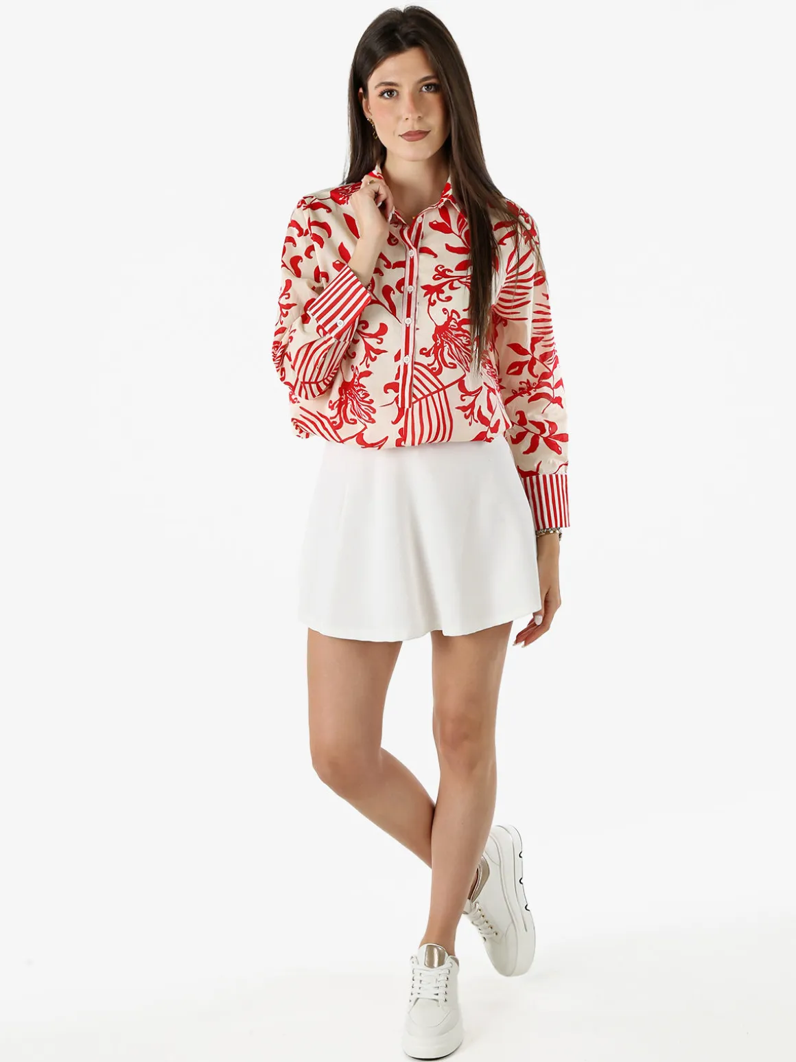 Solada Camicia da donna in cotone a maniche lunghe con stampa floreale - rosso