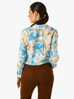 Solada Camicia da donna in misto cotone con stampa floreale a maniche lunghe - azzurro