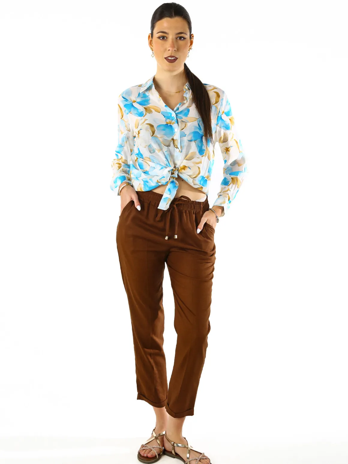 Solada Camicia da donna in misto cotone con stampa floreale a maniche lunghe - azzurro