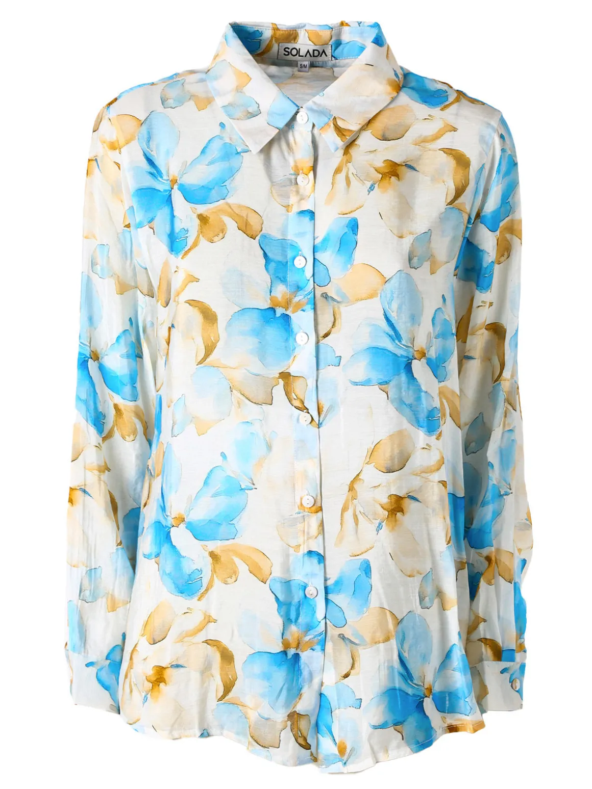 Solada Camicia da donna in misto cotone con stampa floreale a maniche lunghe - azzurro