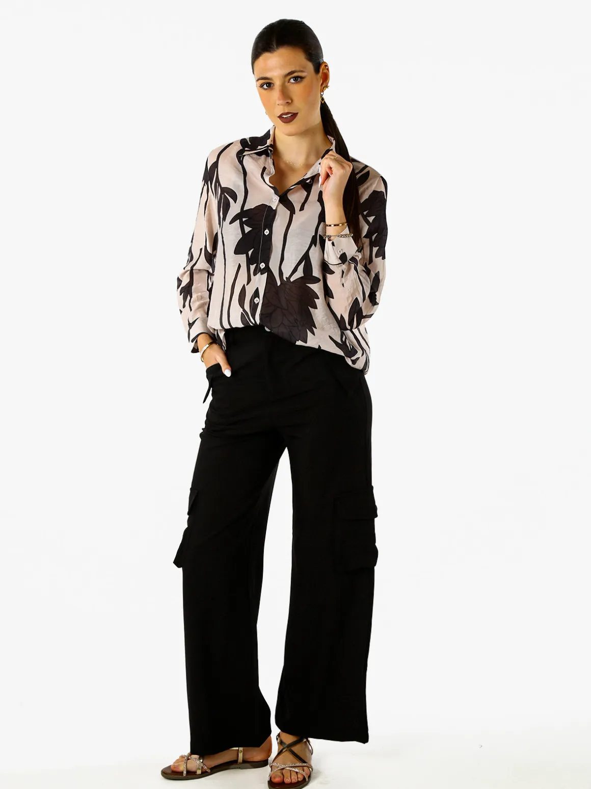 Solada Camicia da donna in misto cotone con stampa floreale a maniche lunghe - taupe
