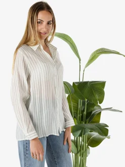 Solada Camicia donna a maniche lunghe con stampa a righe - panna