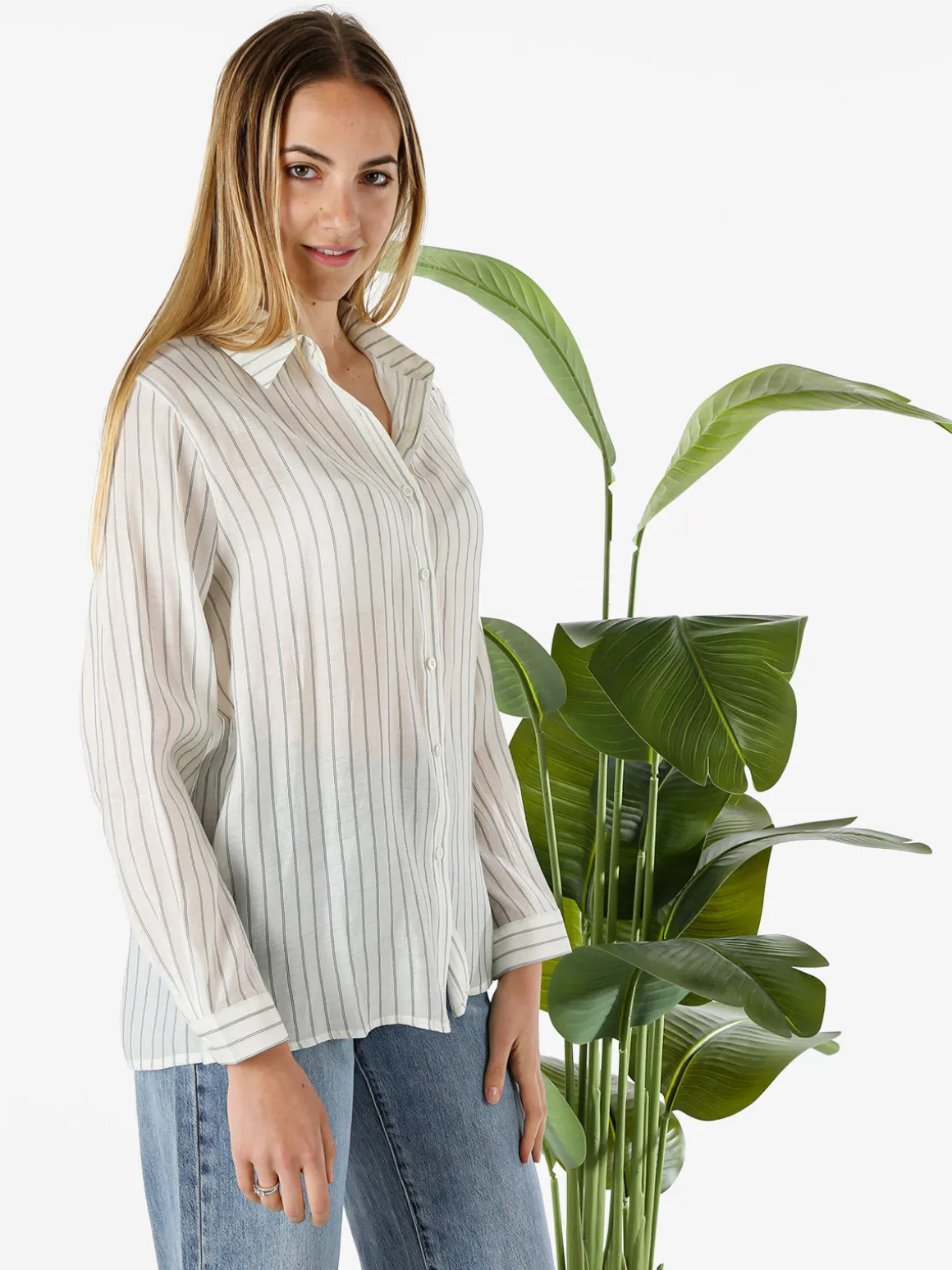 Solada Camicia donna a maniche lunghe con stampa a righe - panna